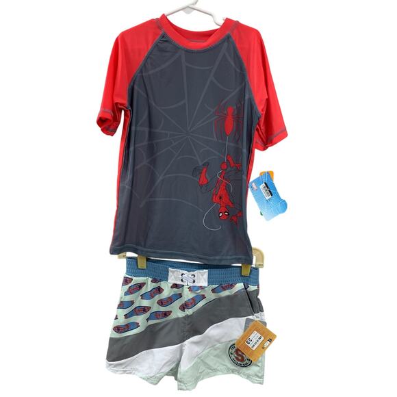 New Disney Marvel Boys Medium (8) Spiderman 2PC Swim Trunk Swimming Shirt Set